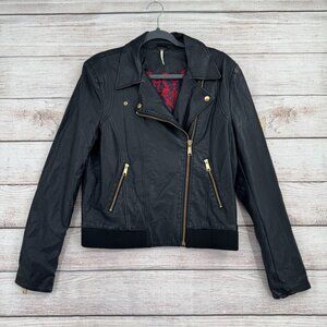 Free People Black Faux Leather Moto Jacket with Gold Hardware Sz L, LN